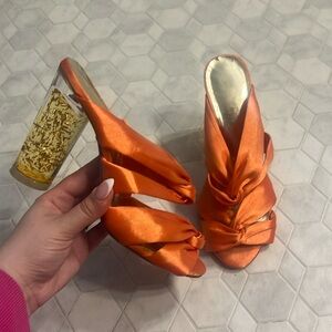 Raye Orange Satin Pump with Gold Leaf Heel